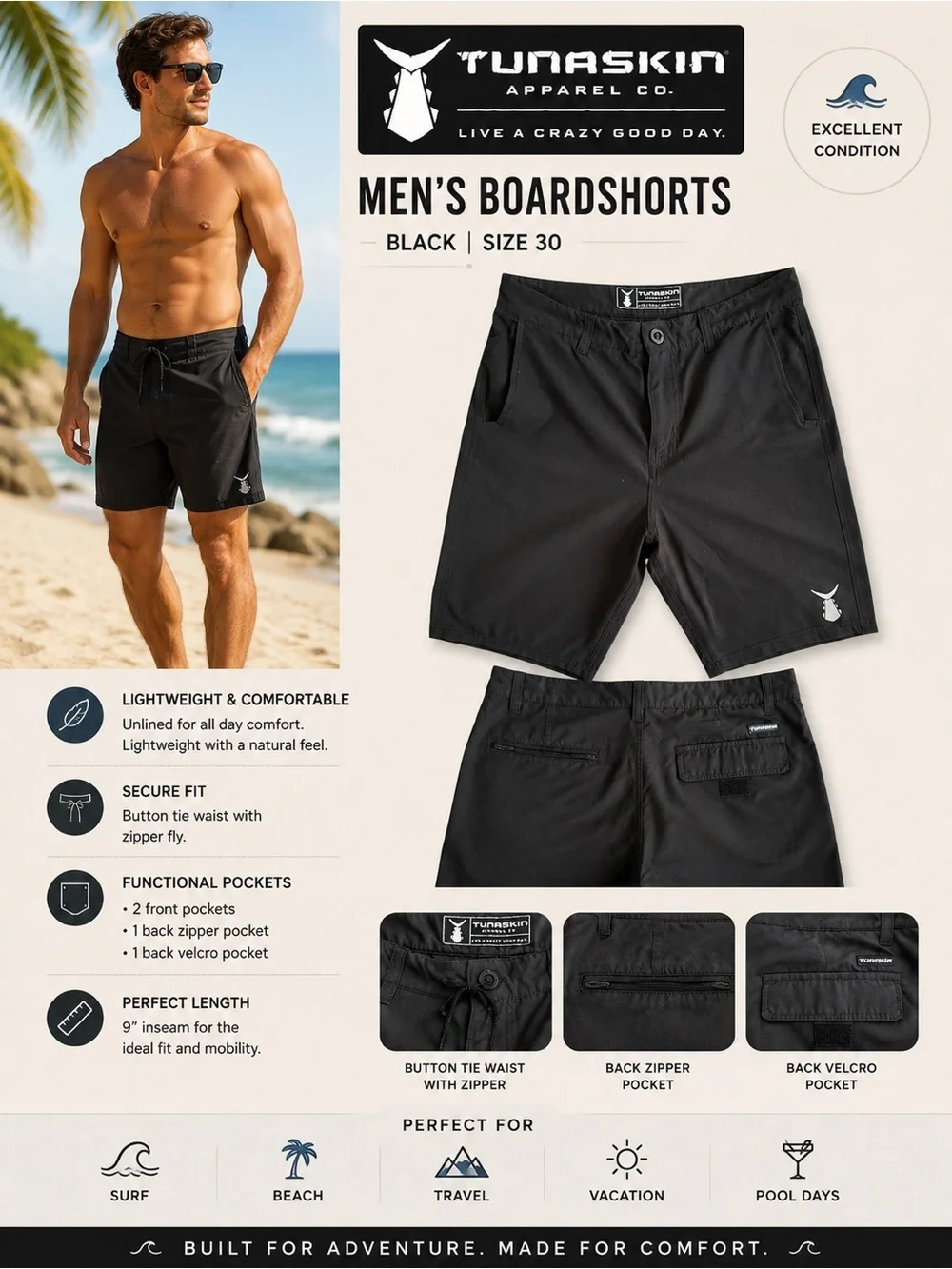 Tunaskin Boardshorts Mens 30 Black Surf Beach Fishing Hybrid Shorts Performance
